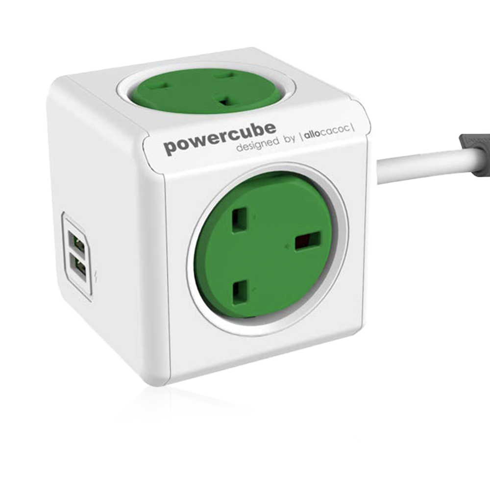 PowerCube Extended USB UK 4x Plug + 2 USB - 1.5m - Green