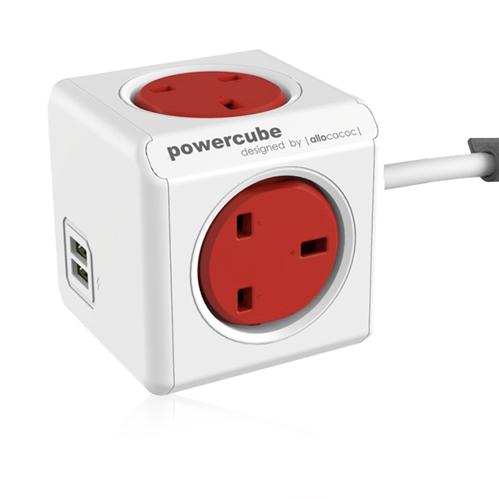 PowerCube Extended USB UK 4x Plug + 2 USB - 1.5m - Red